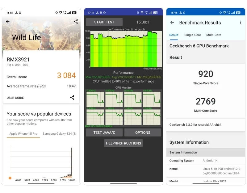 การควบคุม CPU ของ realme 13 pro plus geekbench และการทดสอบเครื่องหมาย 3 มิติ realme 13 pro plus geekbench, cpu throttling and 3d mark tests