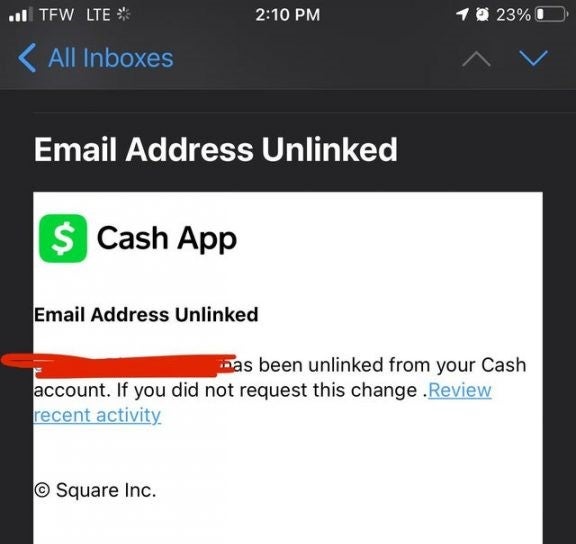 Captura de tela do e-mail mostrando a tentativa de phishing no Cash App