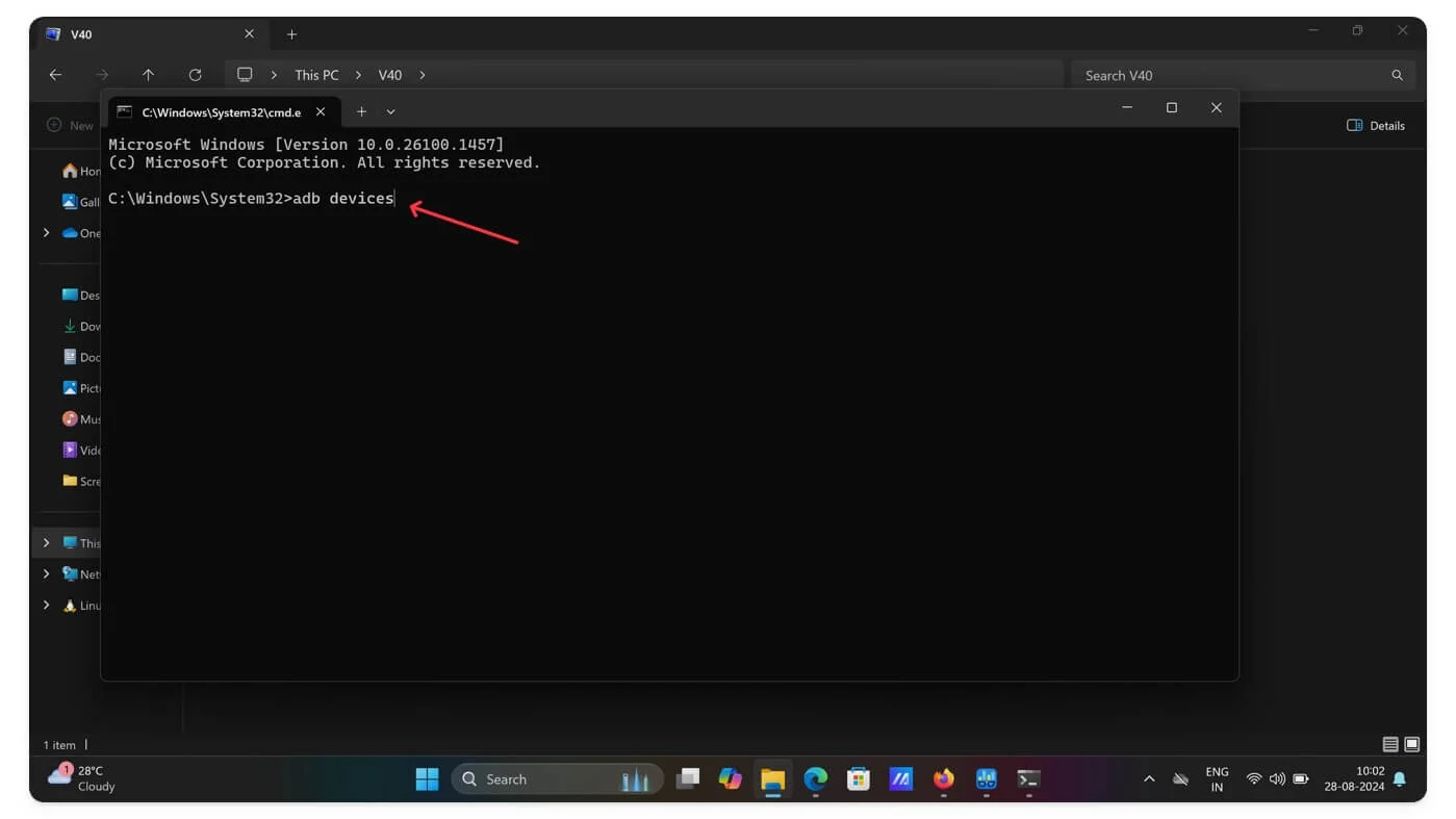 type adb devices to check if your phone is connected