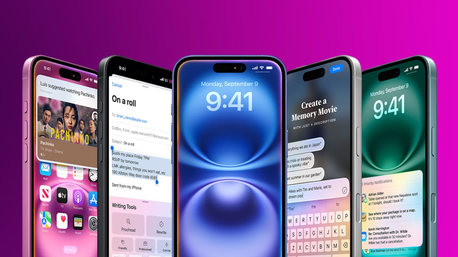 Fünf Smartphones mit verschiedenen Apps und Benachrichtigungen.