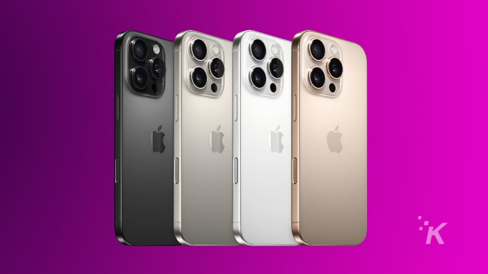 iPhone-Modelle in vier Farben auf rosa Hintergrund
