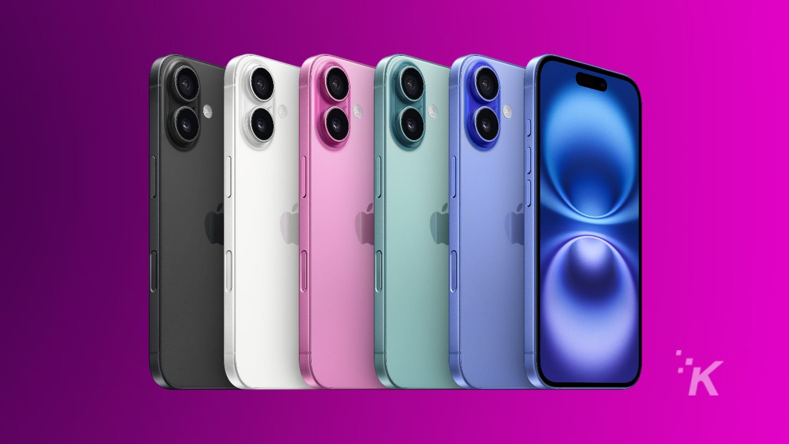 Bunte iPhones-Reihe auf violettem Hintergrund.