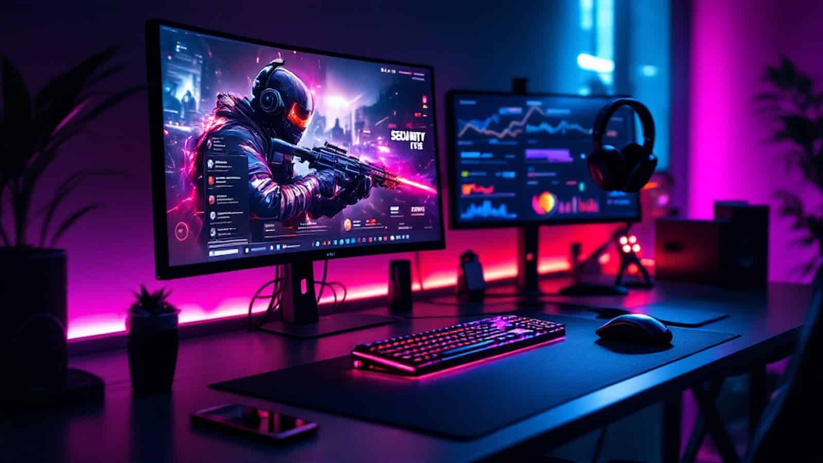 Configuração de jogo futurista com luzes neon