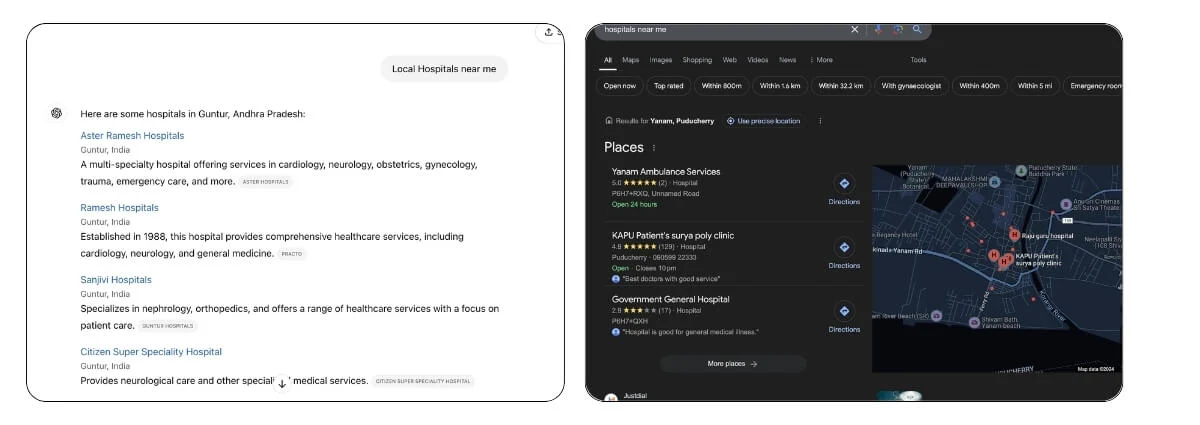 chatgpt and google search results for local queries