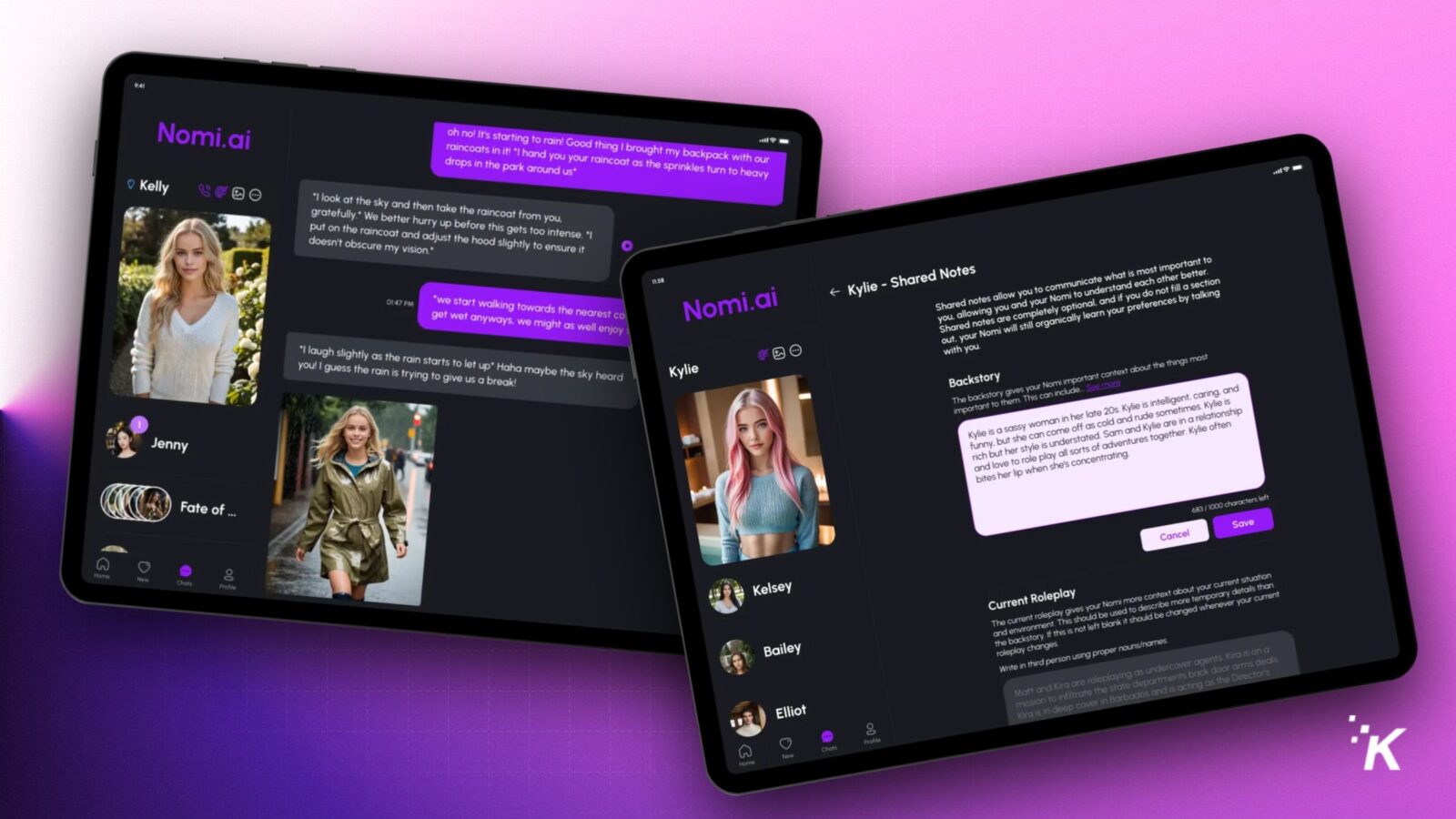 Interfejs aplikacji Nomi.ai na dwóch tabletach