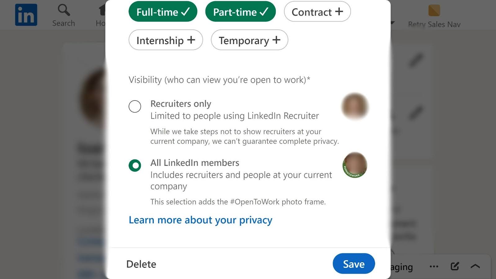 Fonctionnalité « Ouvert au travail » de LinkedIn, affichant des options permettant de spécifier le type de travail auquel un utilisateur est ouvert et qui peut voir que l'utilisateur est prêt à travailler.