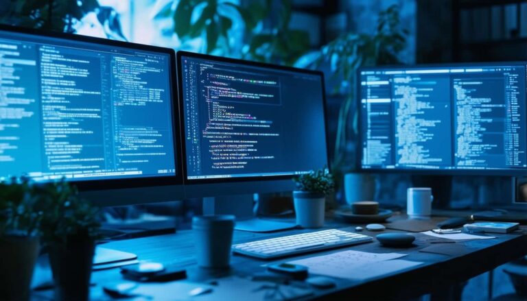 Beberapa monitor menampilkan kode komputer di kantor gelap.