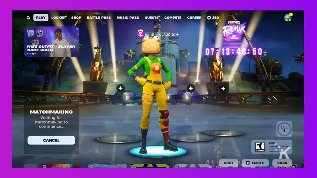 شاشة التوفيق في Fortnite مع مؤقت للعد التنازلي