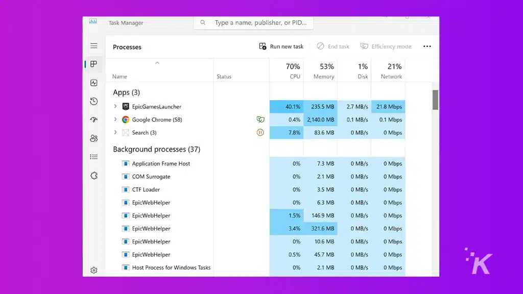 يعرض مدير مهام Windows التطبيقات والعمليات