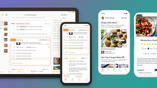 Une tablette et trois téléphones affichant les applications de fabrication de pain Rise et Kneady