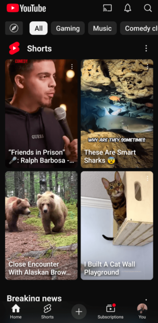 La page Découvrir dans YouTube Shorts. Source : tests Tech.co