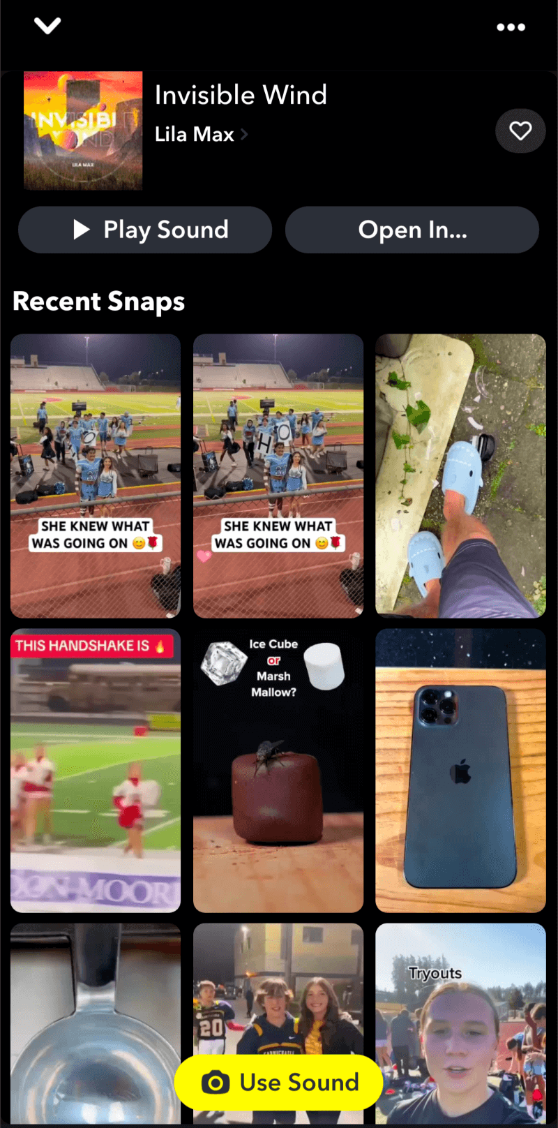 La fonctionnalité « utiliser un son » dans Snapchat Spotlight. Source : tests Tech.co