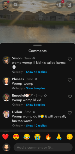 La section commentaires dans Snapchat Spotlight. Source : tests Tech.co