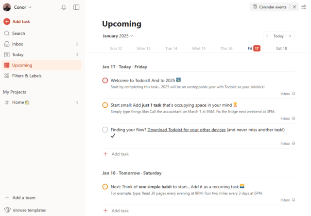 علامة التبويب القادمة في واجهة سطح المكتب Todoist. المصدر: Tech.co اختبار
