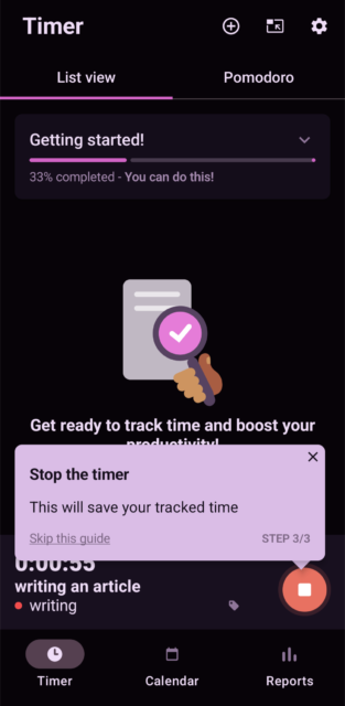 الصفحة الرئيسية على تطبيق Toggl Tracker Mobile. المصدر: Tech.co اختبار