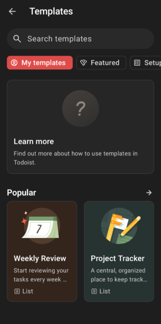 صفحة القوالب في واجهة تطبيق Todoist. المصدر: Tech.co اختبار