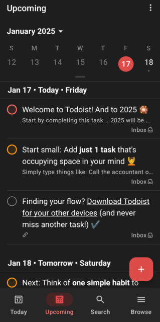 الصفحة القادمة في واجهة تطبيق Todoist. المصدر: Tech.co اختبار
