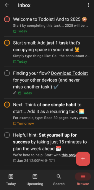 صفحة البريد الوارد في واجهة تطبيق Todoist. المصدر: Tech.co اختبار