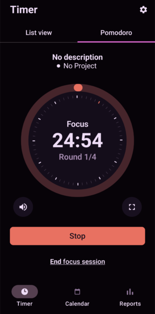 ميزة Pomodoro في تطبيق Toggl Tracker Mobile. المصدر: Tech.co اختبار