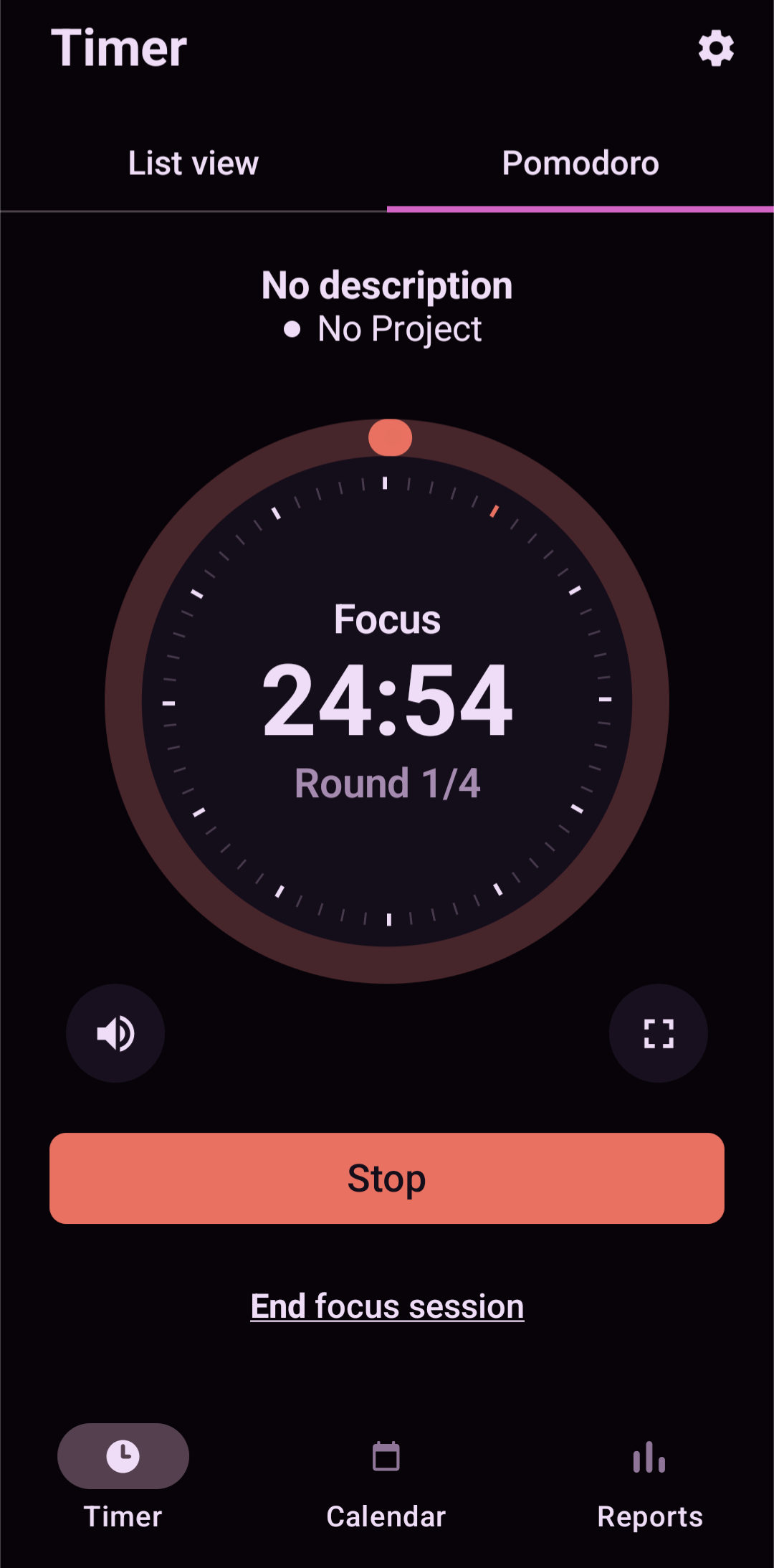 ميزة Pomodoro في تطبيق Toggl Tracker Mobile. المصدر: Tech.co اختبار