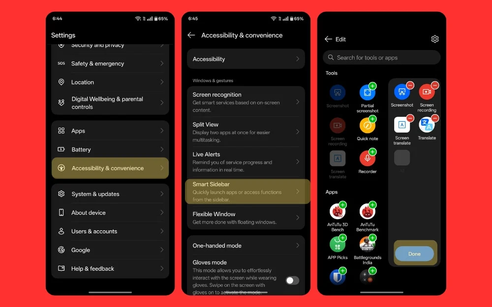 how to access and edit smart side bar on oneplus devices