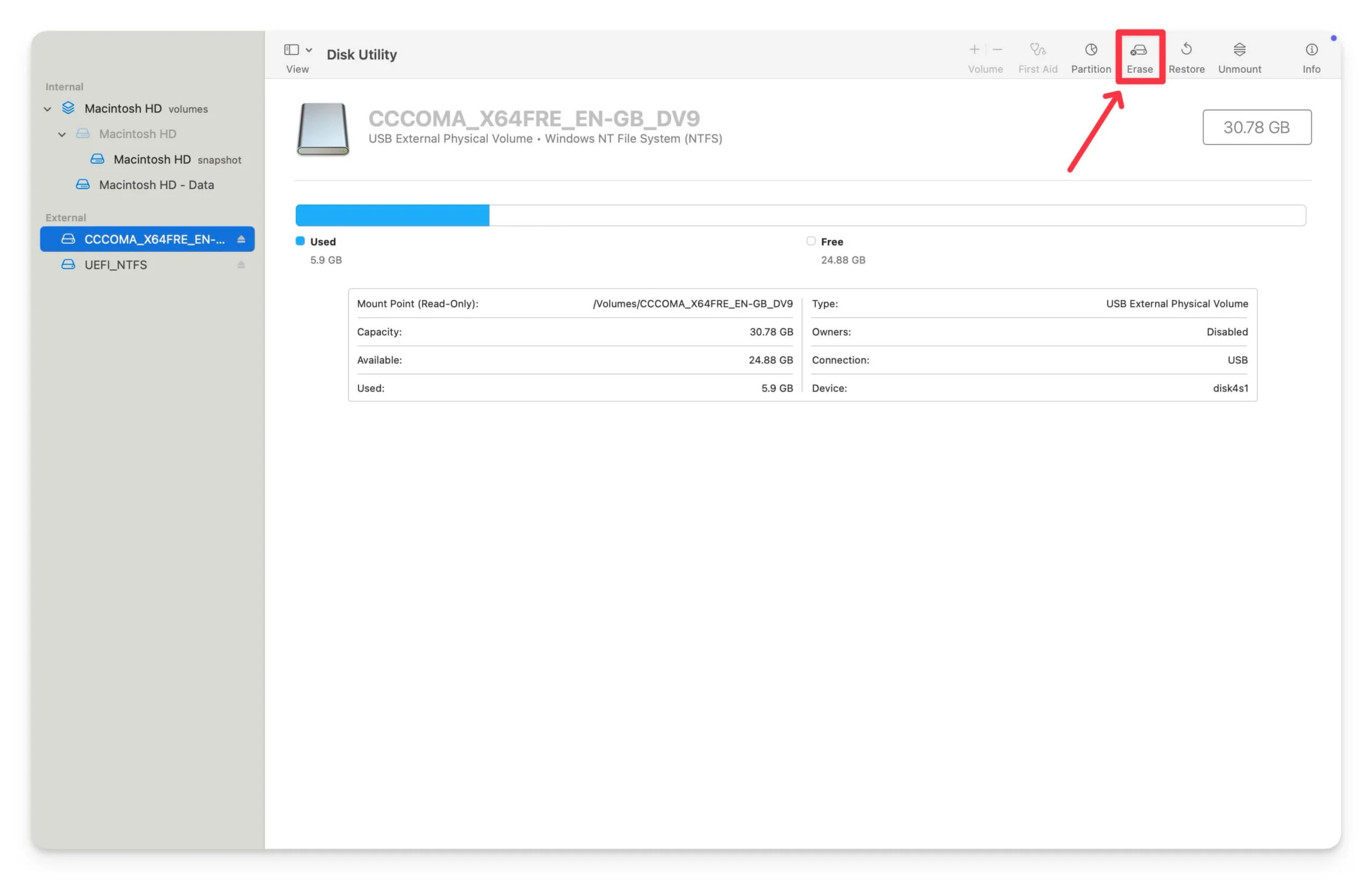 erase feature in disk utility in macos