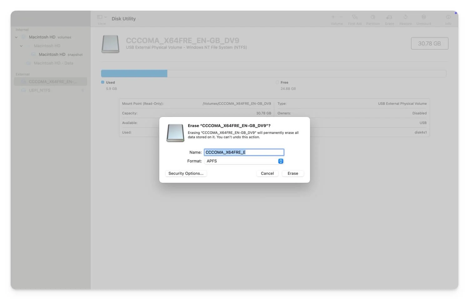 erase and format drive using disk utility on macos