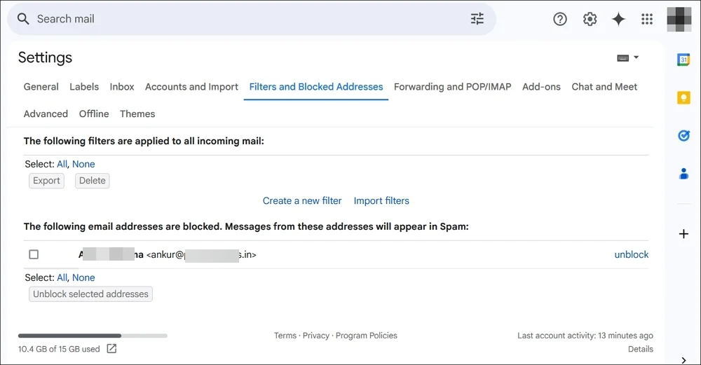 filters and blocked addresses in gmail settings