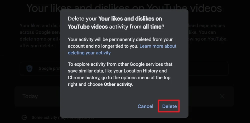 confirm deleting all likes and dislikes on youtube