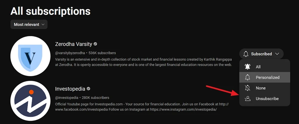 unsubscribe to youtube channels