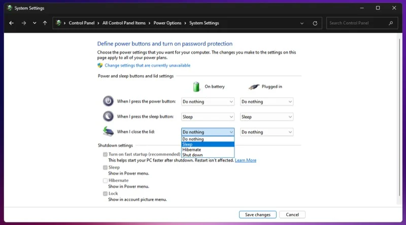 changing a windows laptop's lid close behavior to sleep.