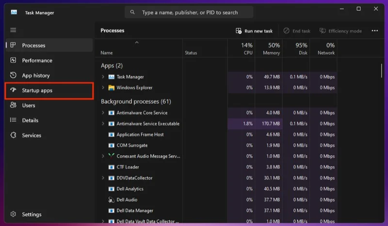 accessing the startup apps option in the windows task manager.