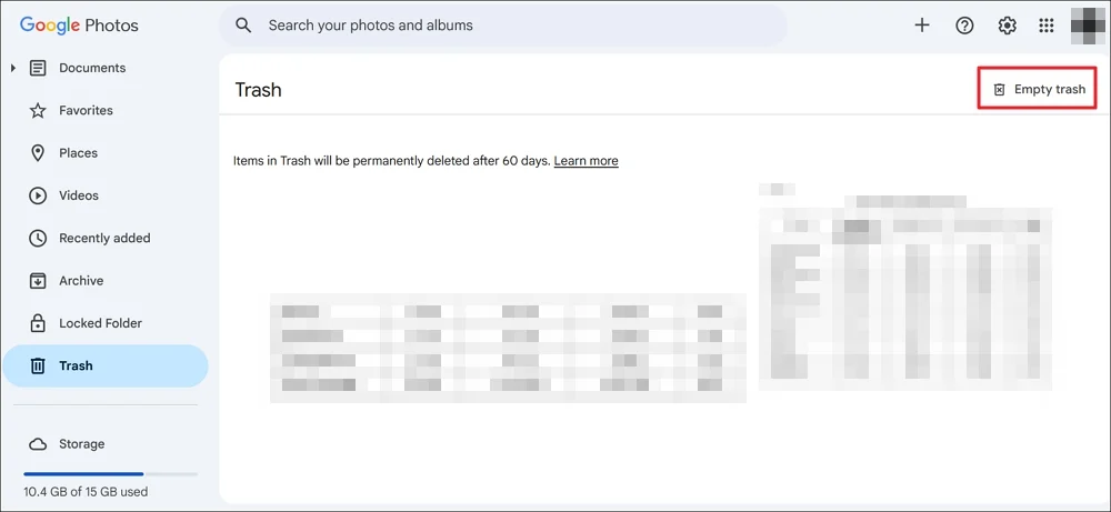 empty trash on google photos