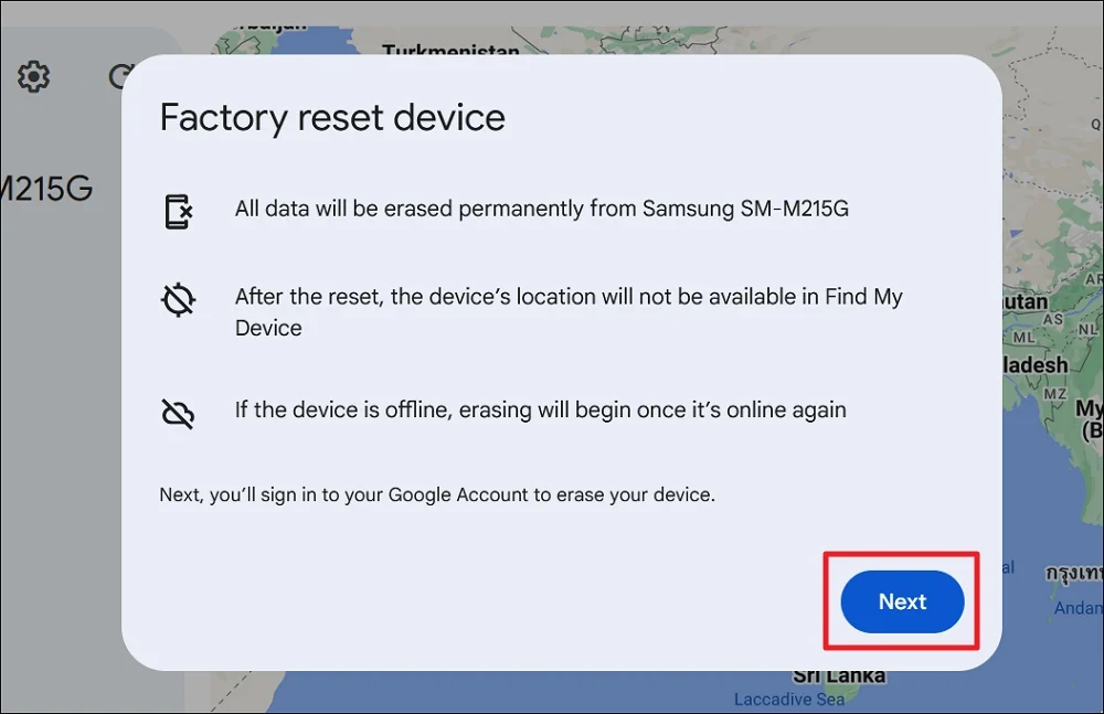 reset a device with find my device