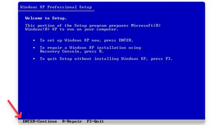 windows xp setup screen