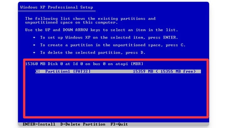 windows xp partition screen