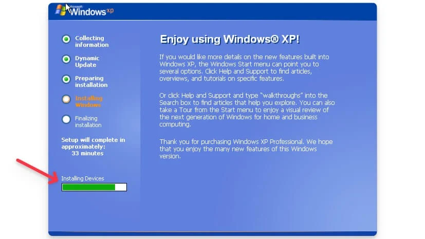windows xp installation screen