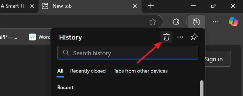 bin icon in microsoft edge history