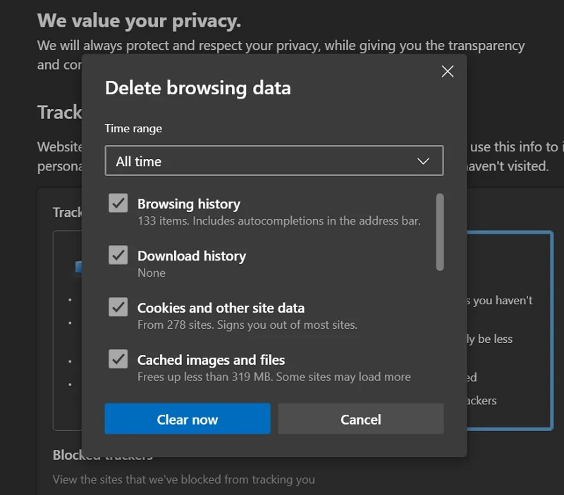 clear cookies and cache on edge browser