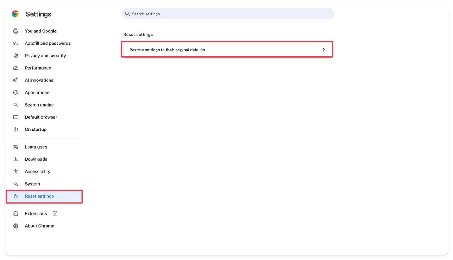 reset google chrome settings