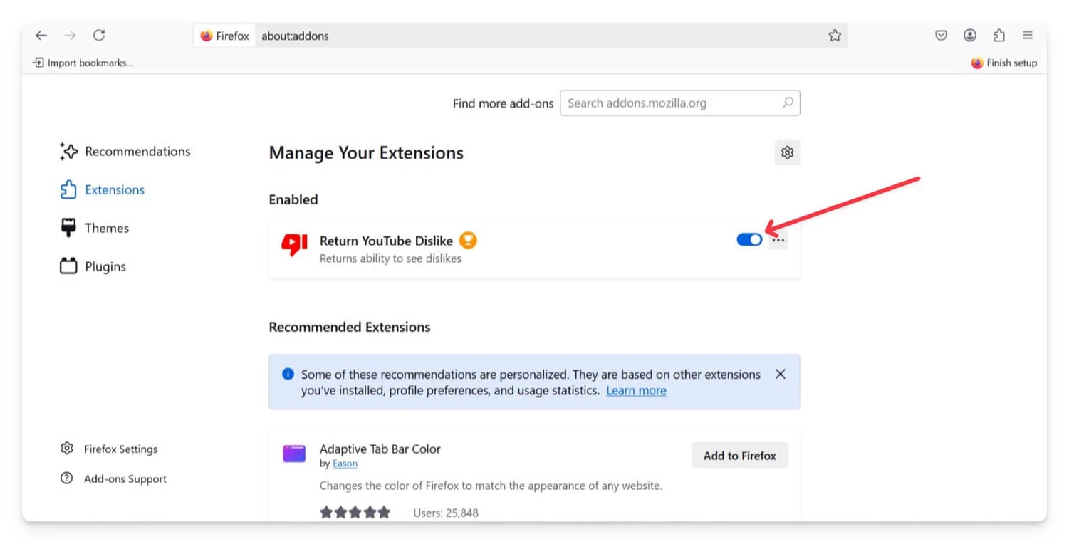 disable unwanted extension on firefox browser