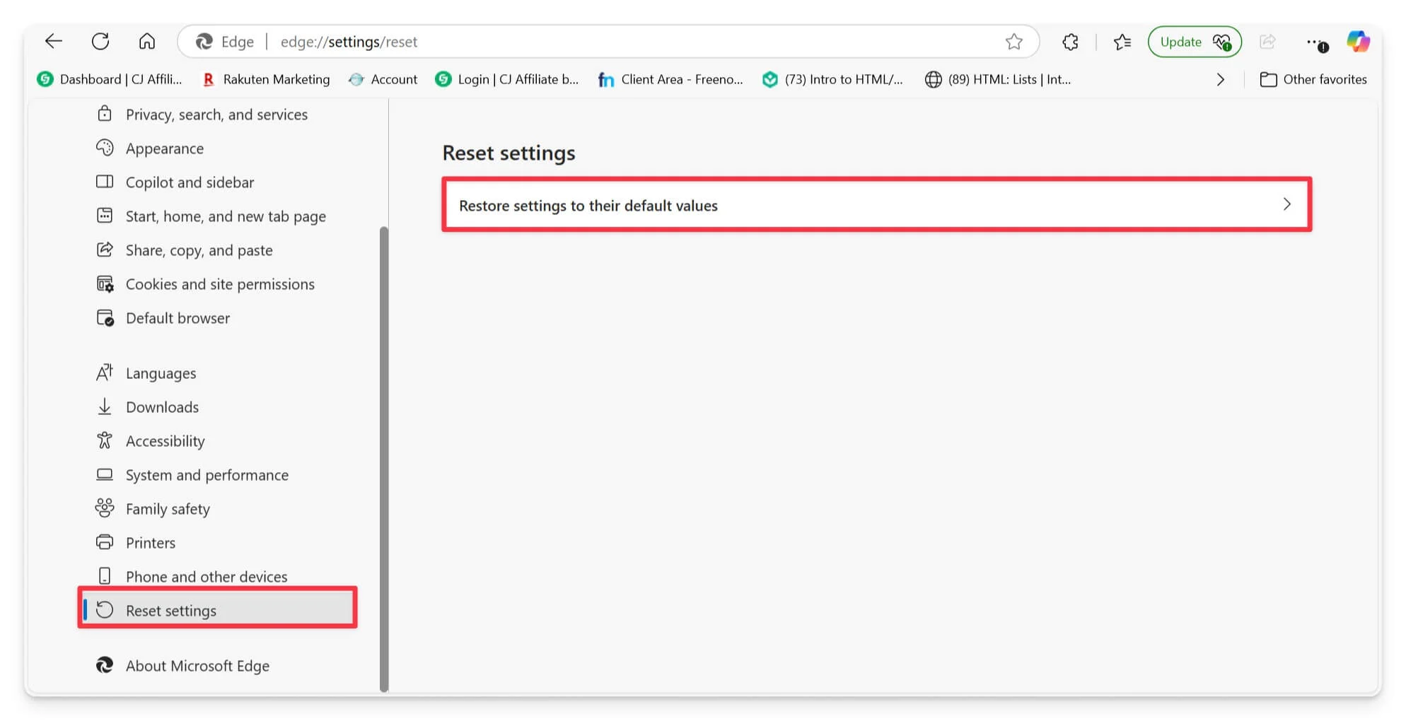 how to reset edge browser