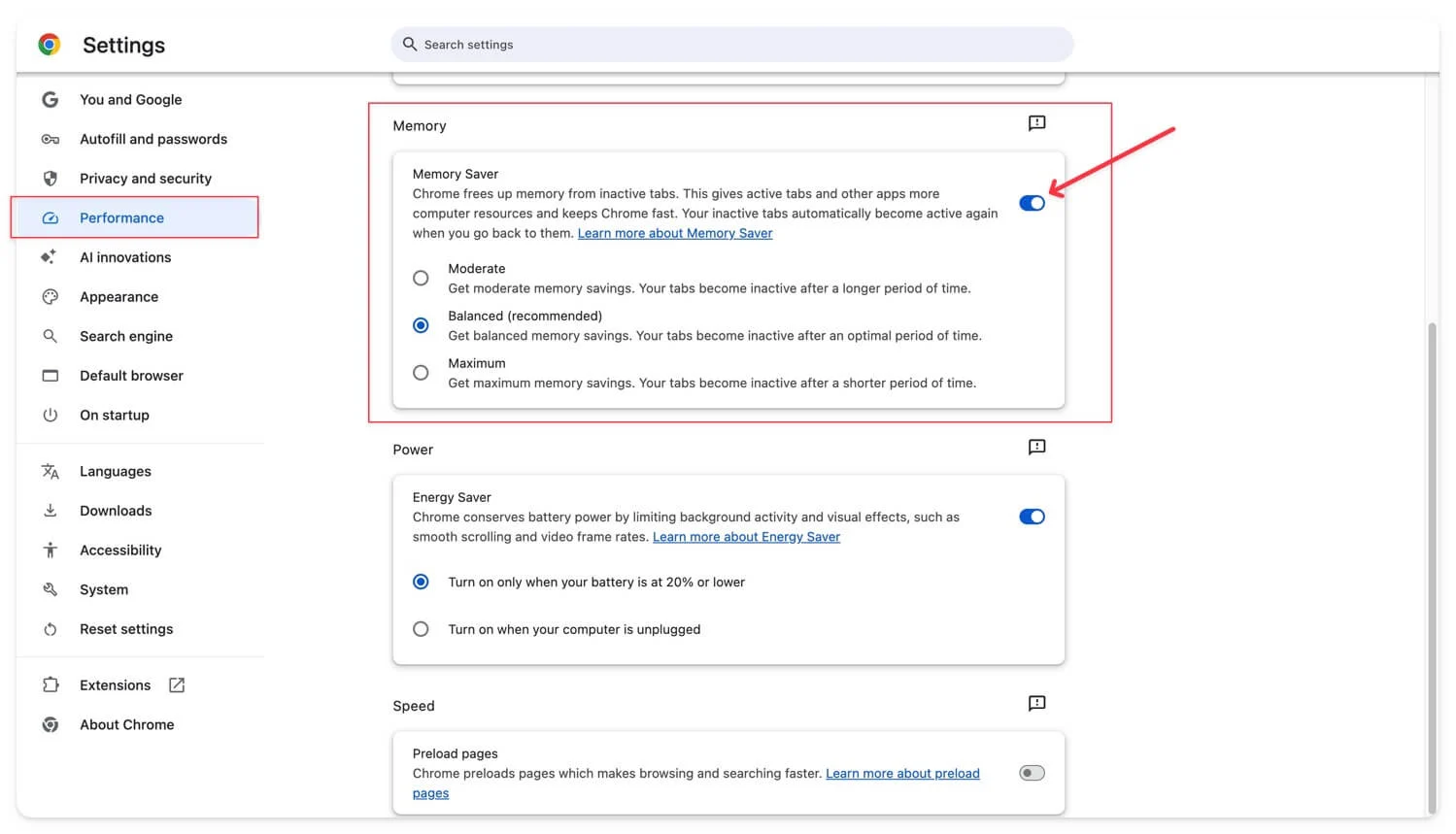 how to turn on memory saver feature on google chrome
