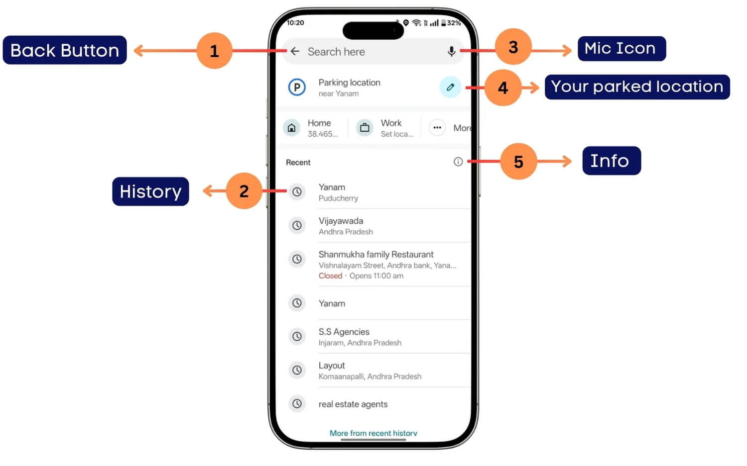 google maps – search and history screen