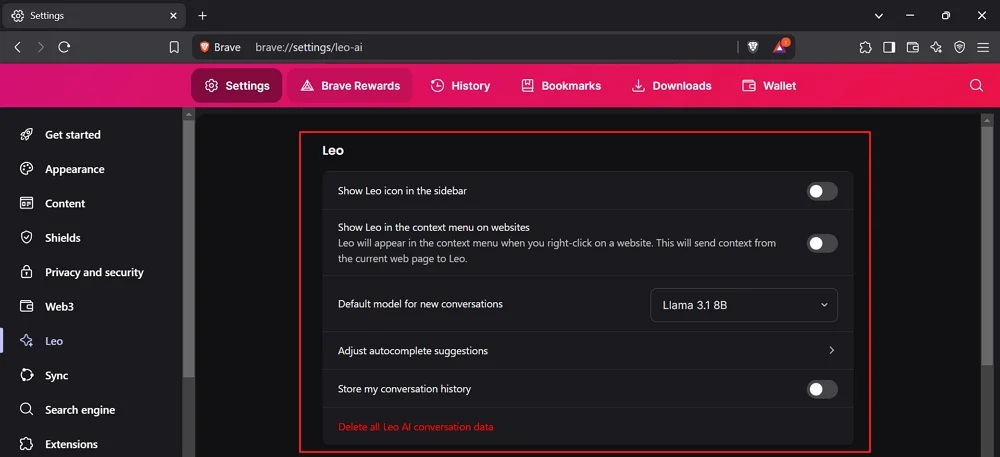 disable leo on brave browser