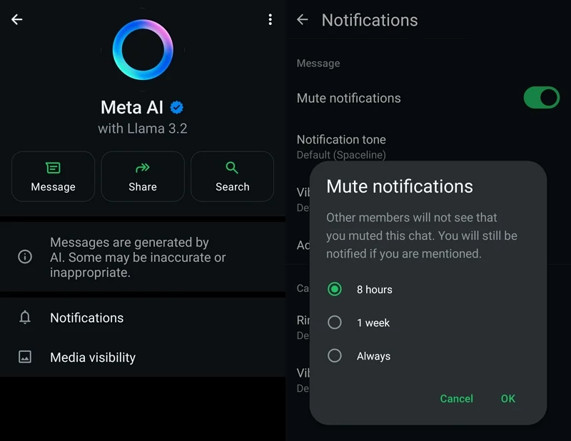 mute notifications meta ai on whatsapp