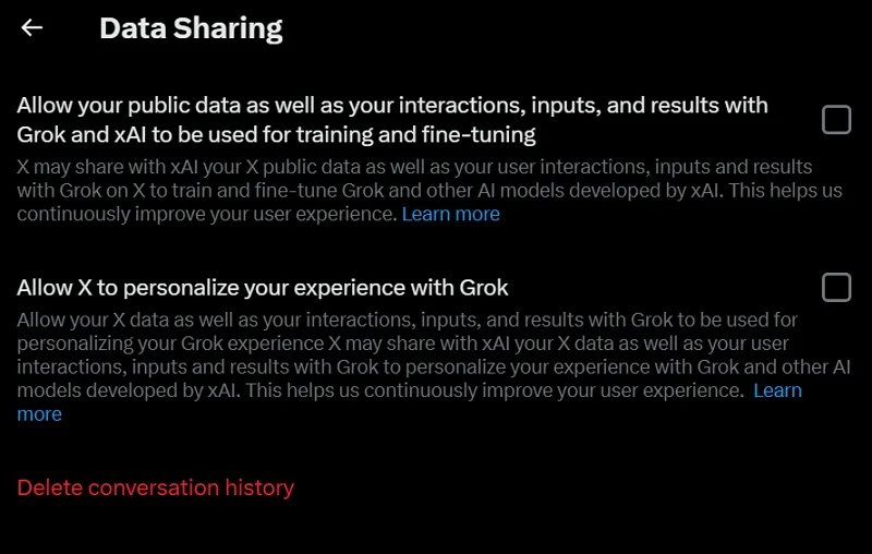 stop grok ai data sharing on x