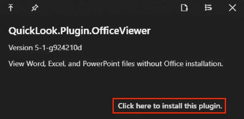 quicklook prompt asking to install the officeviewer plugin.