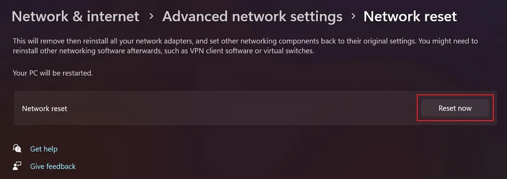 reset network on windows