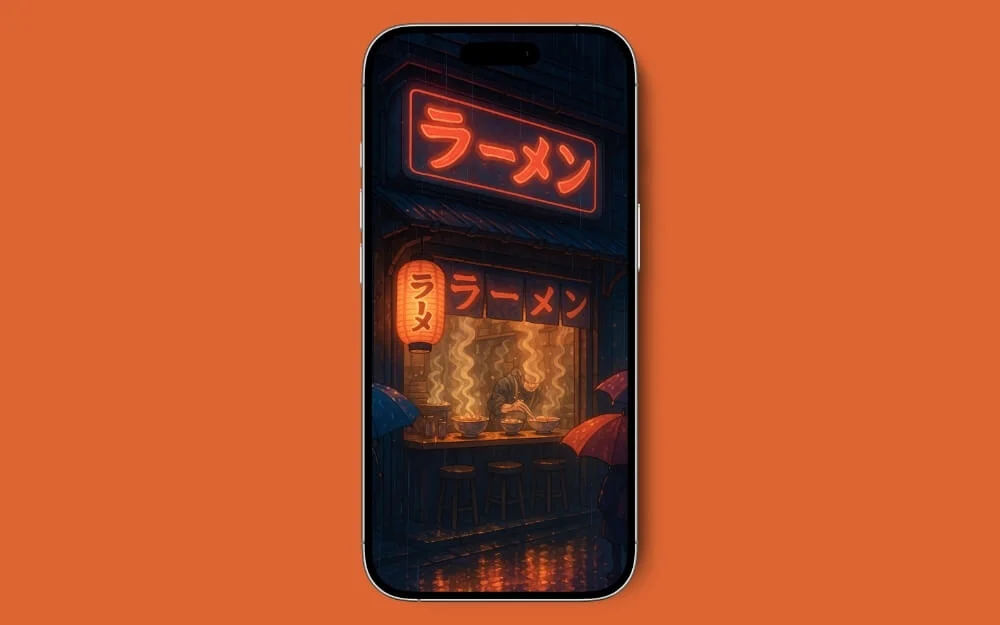 ramen shop glowing with neon lights